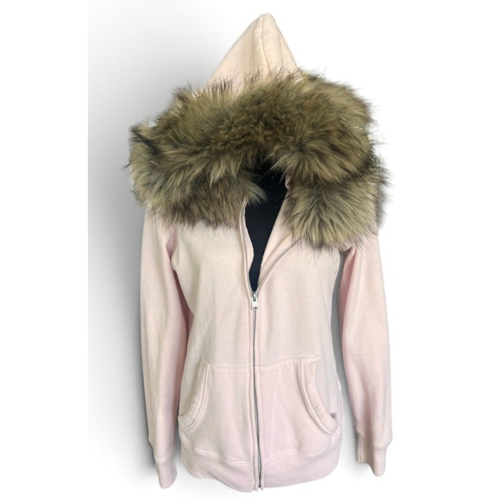 Hollister Women's L Faux Fur Trim Zip-Up Hoodie Pink Removable Trim Y2K Vibe